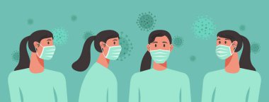 Cerrahi maske takan kadınlar virüs yayılmasını önlemek, grip önleme, hava kirliliği, koronavirüs veya COVID-19, sosyal izolasyon, kendini karantina kavramı