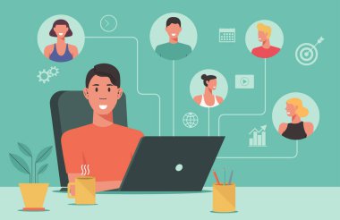 Bilgisayarda, uzaktan kumandalı bilgisayarda, evden ve her yerden online olarak çalışan insanlar ve yeni normal bir kavram.