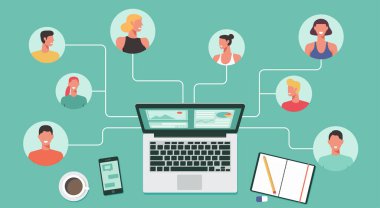 Laptop bilgisayarı, uzaktan kumanda, evden çalışma, herhangi bir yerden çalışma ve yeni normal bir konsept ile birbirine bağlanan ve birlikte çalışan farklı ve uzman yeteneklere sahip insanlar.