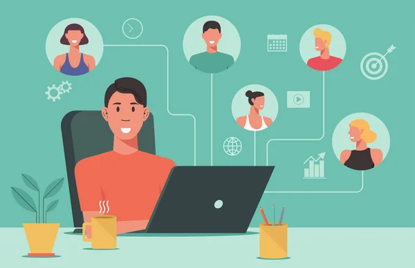 Bilgisayarda, uzaktan kumandalı bilgisayarda, evden ve her yerden online olarak çalışan insanlar ve yeni normal bir kavram.