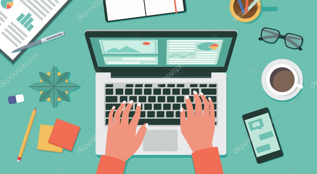 human hand using the laptop for work from home, remote working, online business concept, new normal, top view