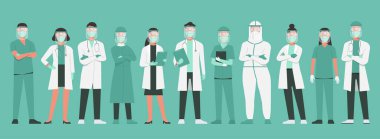 Koruyucu giysi, gözlük, yüz maskesi, cerrahi yüz maskesi ve N95 solunum cihazı giyen doktorlar, hemşireler ve sağlık personeli COVID-19, çizgi film düz çizimleri için bir arada duruyorlar.