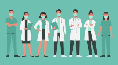 Cerrahi yüz maskesi takan doktor ve hemşirelerin karakteri COVID-19 ile savaşmak için bir arada duruyorlar.