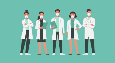 N95 yüz maskesi takan doktor ve hemşirelerin karakteri COVID-19 ile savaşmak için bir arada duruyorlar.