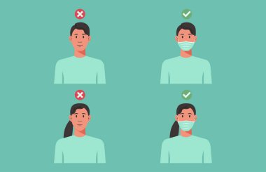 Cerrahi maske takmak için doğru ve yanlış yol. Koruyucu solunum cihazlı kadın ve erkek virüsün yayılmasını engelliyor. Grip, hastalık, koronavirüs enfeksiyonu, düz illüstrasyon.