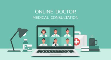 Çevrimiçi sağlık hizmetleri ve tıbbi danışma hizmetleri konsepti, bir grup doktor dizüstü bilgisayarda stetoskopla telekonferans, konferans görüntüsü, yeni normal, düz illüstrasyon
