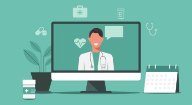 Çevrimiçi sağlık hizmetleri ve tıbbi danışma hizmetleri konsepti, doktor telekonferansı bilgisayar ekranında steteskop ile, konferans video görüşmesi, yeni normal, ikon düz resimleme