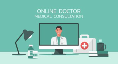 Çevrimiçi sağlık ve tıbbi danışma hizmetleri konsepti, bilgisayar ekranında steteskopla doktor telekonferansı, konferans görüntüsü, yeni normal, düz illüstrasyon