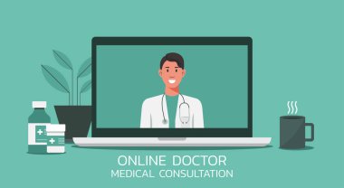 Çevrimiçi sağlık ve tıbbi danışmanlık ve destek hizmetleri konsepti, bilgisayar ekranında stetoskopla doktor telekonferansı, konferans görüntüsü, yeni normal, düz illüstrasyon