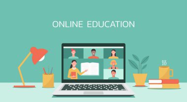 E-öğrenme, çevrimiçi eğitim, çevrimiçi kurs konsepti, ev okulu, bilgisayar ekranında öğrencilere öğretmenlik yapan kadın öğretmen, uzaktan öğrenme, yeni normal, düz illüstrasyon