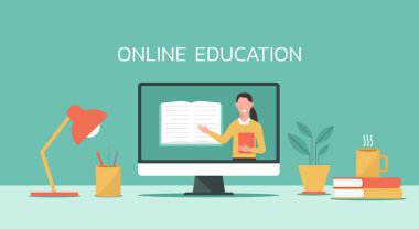 E-öğrenme, çevrimiçi eğitim, çevrimiçi kurs konsepti, ev okulu, bilgisayar ekranında öğretmenlik yapan kadın öğretmenlik, uzaktan öğrenme, yeni normal, düz illüstrasyon