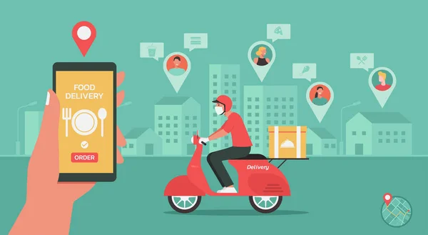 Teslimatçı bisikletle eve dönüyor. Çevrimiçi yemek teslimatı takip servisi için mobil uygulamalı akıllı telefon kullanıyor. Akıllı teknoloji lojistik kavramı, düz illüstrasyon