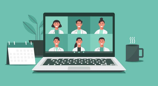 Concepto Servicios Salud Consulta Médica Línea Grupo Médicos Videoconferencia Con — Vector de stock