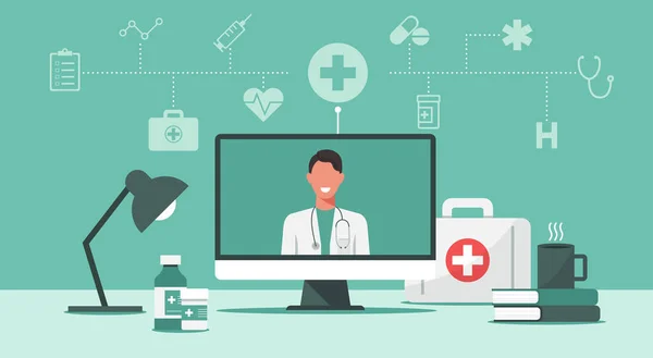 Çevrimiçi tıbbi danışma ve destek konsepti, sağlık hizmetleri, bilgisayar ekranında stetoskopla doktor telekonferansı, konferans görüntüsü, yeni normal, ikon düz illüstrasyon