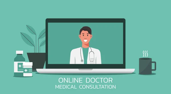 Çevrimiçi sağlık ve tıbbi danışmanlık ve destek hizmetleri konsepti, bilgisayar ekranında stetoskopla doktor telekonferansı, konferans görüntüsü, yeni normal, düz illüstrasyon