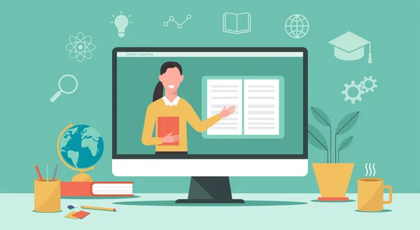 Learning Lub Edukacja Online Szkoła Domowa Kobieta Nauczyciel Nauczania Ekranie — Wektor stockowy