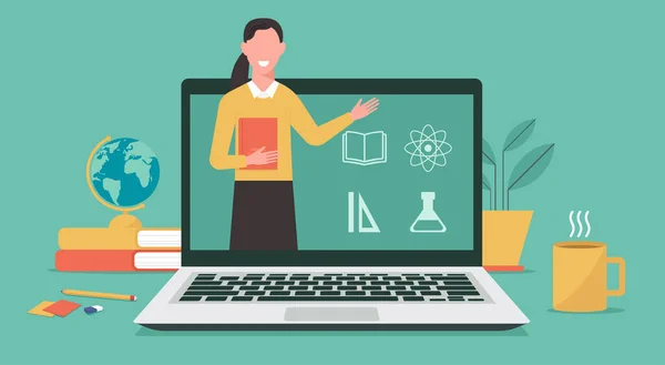 Öğrenme Çevrimiçi Eğitim Okulu Bilgisayar Ekranında Öğretmenlik Yapan Kadın Öğretmen — Stok Vektör