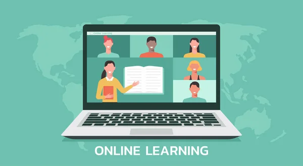 Learning Nebo Line Vzdělávání Domácí Škola Vyučování Studentů Obrazovce Notebooku — Stockový vektor