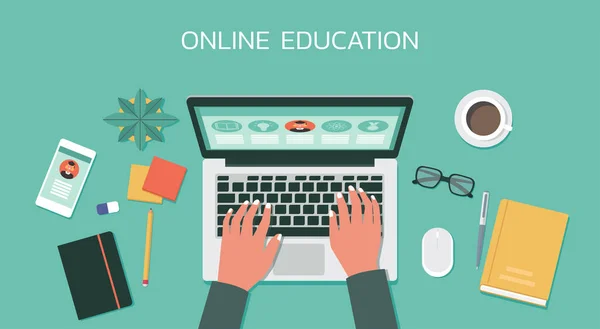 Online Εκπαίδευση Learning Online Έννοια Πορεία Σπίτι Σχολείο Ανθρώπινο Χέρι — Διανυσματικό Αρχείο