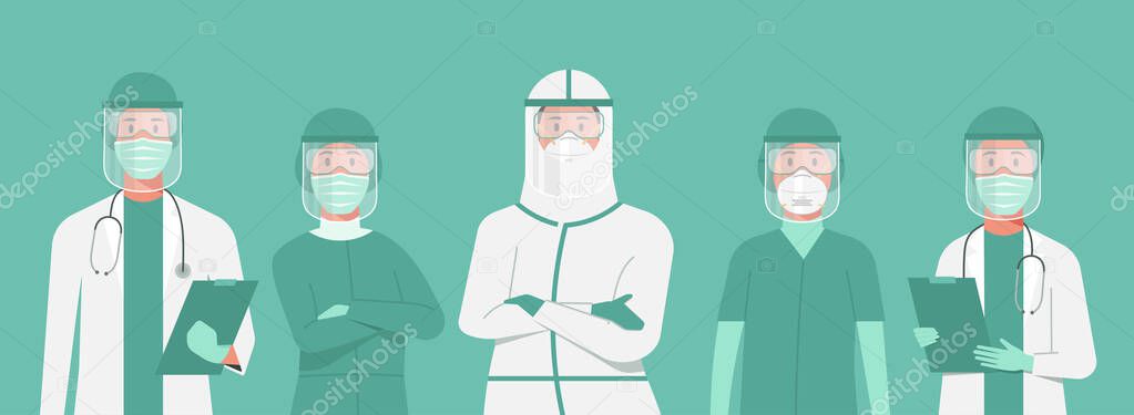 character of nurses and doctors wearing protective suits, goggle and face shield standing together to fight COVID-19, male and female medical characters set cartoon flat illustration