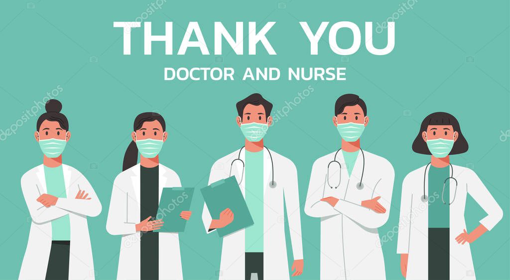 thank you doctors and nurses concept. medical staff wearing surgical face mask and standing together to fight COVID-19, cartoon flat illustration