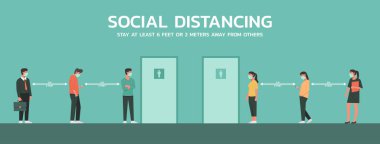 Halk tuvaletini kullanmak ve virüsün yayılmasını ve bulaşmasını önlemek için sosyal mesafeyi korumak için kuyrukta bekleyenler, yeni normal kavram, fflat illüstrasyon