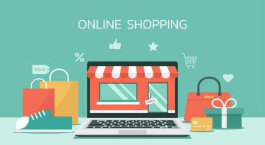 Dizüstü bilgisayarda çevrimiçi alışveriş mağazası veya e-ticaret konsepti, mallarla e-market, düz illüstrasyon