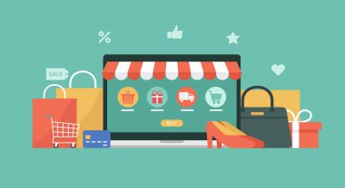 Dizüstü bilgisayar ekranında online alışveriş konsepti, dijital mağaza, alışveriş arabası ve mallarla e-ticaret, düz grafik illüstrasyonu