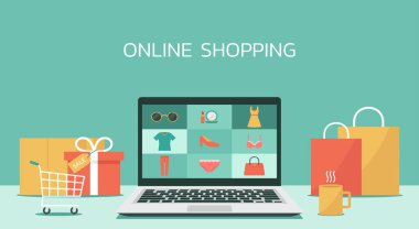 Çevrimiçi alışveriş dizüstü bilgisayarı konsepti, e-mağazadan veya dijital mağazadan kadın moda ürünleri, düz grafik illüstrasyonu