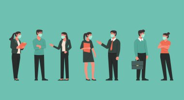 Bir grup iş adamı, grip ve virüsün yayılmasını önlemek için bir arada duruyor ve maske takıyor. Yeni normal konsept, karakterin düz çizimi.