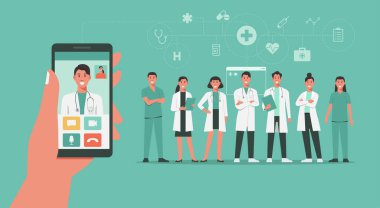 Teletıp konsepti, video araması için uygulamayı kullanan insan eli akıllı telefon ekrandaki doktorla ya da ayakta duran sağlık personeliyle çevrimiçi konsültasyon, düz çizim