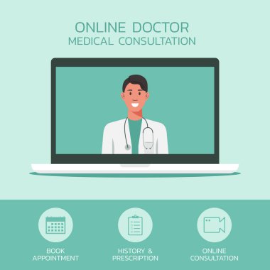 Online doktor danışma konsepti, dizüstü bilgisayarda ikon, sağlık ve teknoloji ile tıbbi personel, düz illüstrasyon