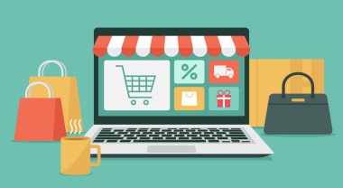 Dizüstü bilgisayarda online alışveriş kavramı, e-alışveriş ve e-ticaret, ürünleri olan çevrimiçi dijital mağaza, düz grafik illüstrasyonu