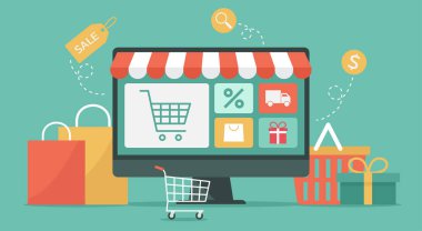 İnternet alışveriş konsepti bilgisayar, e-alışveriş ve e-ticaret, alışveriş arabası ve malları olan çevrimiçi dijital mağaza, düz grafik illüstrasyonu
