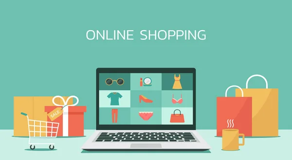 Conceito Laptop Compras Line Produtos Moda Feminina Shop Loja Digital —  Vetores de Stock