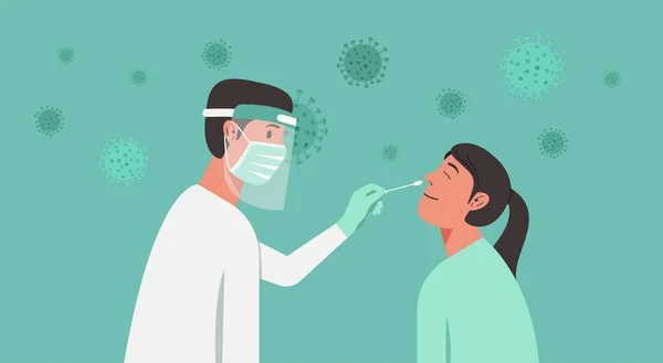 Tıbbi uzman ya da doktor, geniz sorunu olan genç bir kadına Coronavirus testi ya da DNA testi yapıyor.
