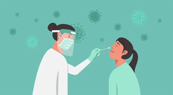 Tıbbi uzman, doktor ya da Coronavirus testi ya da geniz sondası olan genç bir kadına DNA testi yapan hemşire.