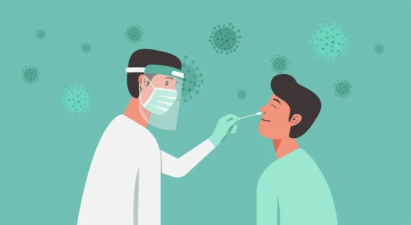 Tıbbi uzman ya da doktor, geniz sondası olan genç bir adama Coronavirus testi ya da DNA testi yapıyor.