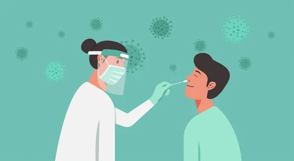 Tıbbi uzman, doktor ya da Coronavirus testi ya da geniz sondası olan genç bir adama DNA testi yapan hemşire.