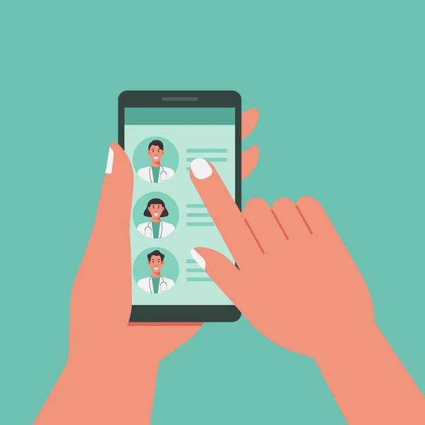 Patiënt Kiezen Arts Voor Een Afspraak Online Mobiele Scherm Gezondheidszorg — Stockvector