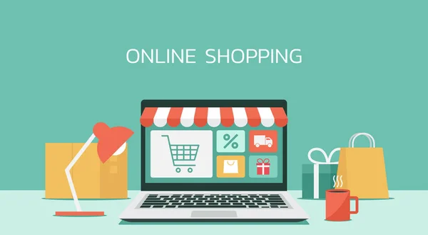 Dizüstü bilgisayarda online alışveriş konsepti, e-alışveriş ve e-ticaret, ürünleri olan dijital mağaza, düz grafik illüstrasyonu