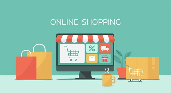 컴퓨터상의 온라인 쇼핑과 상거래 카트와 상품이 온라인 디지털 스토어 그래픽 — 스톡 벡터
