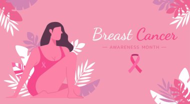 Meme kanseri farkındalığı ayı. Yardım kampanyası veya hastalık önleme konsepti için web pankartı. Pembe kurdeleli güzel bir kadın kanseri.