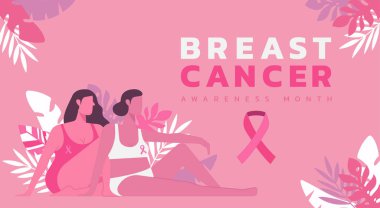 Meme kanseri farkındalığı ayı yardım kampanyası veya hastalık önleme konsepti için web pankartı, güzel kadın kanseri, düz illüstrasyon