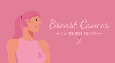 Göğüs kanseri farkındalığı destek ve sağlık konsepti, tipografi ve kurdele ile güzel pembe saçlı kız, karakter düz çizim