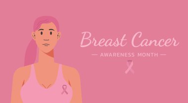 Göğüs kanseri farkındalığı destek ve sağlık konsepti, tipografi ve kurdeleli pembe saçlı kadın, karakter düz çizim