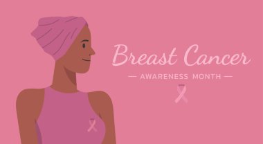 Göğüs kanseri destek ve sağlık konsepti için farkındalık, tipografi ve kurdeleli Afrikalı bir kız, karakter düz çizim