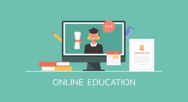 Çevrimiçi eğitim kavramı, online mezuniyet törenine katılan öğrenci bilgisayarda, düz çizim