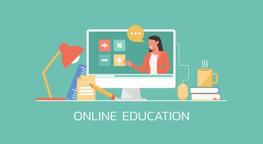 e-öğrenme ve çevrimiçi eğitim kavramı, uzaktan öğrenme, bilgisayar üzerinde video web sitesi platformu üzerinden online matematik dersini bağlayan kadın öğretmen, düz illüstrasyon