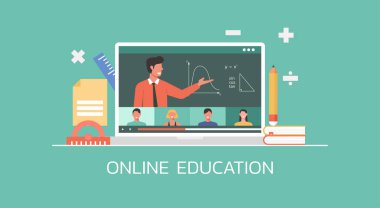E-öğrenme ve çevrimiçi eğitim konsepti, uzaktan öğrenme, erkek öğretmen öğrencilere bilgisayar üzerinden video dersi, düz illüstrasyon